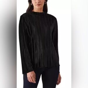 Rafaella sz L, Pullover Top, Black Velour Pleated, long-sleeve, boat neck, NWT